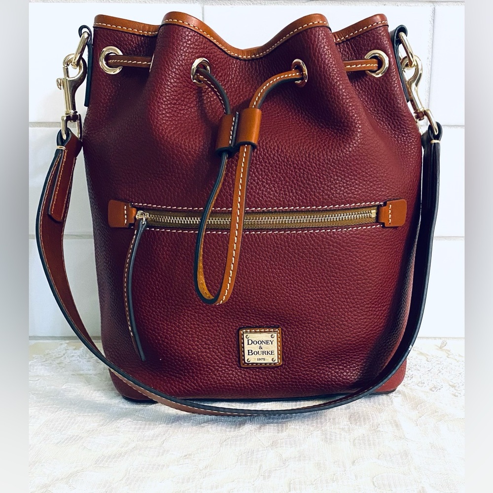 Dooney & Bourke Burgundy Pebbled Leather Drawstring Shoulder Bag with Tan Trim - Picture 1 of 16